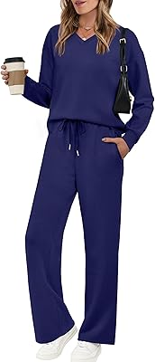 WIHOLL Lounge Sets for Women 2026 V Neck 2 Piece Outfits Airport Wide Leg Pants Matching Set Sweatsuits