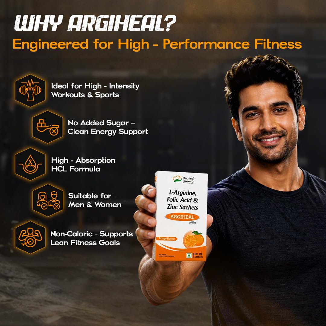 Healing Pharma - ARGIHEAL 3g L-Arginine Powder Sachets | Supports Stamina, Blood Flow & Muscle Recovery | Pre-Workout Supplement For Men & Women | No Added Sugar | Orange Flavour - 10g (Pack of 10)