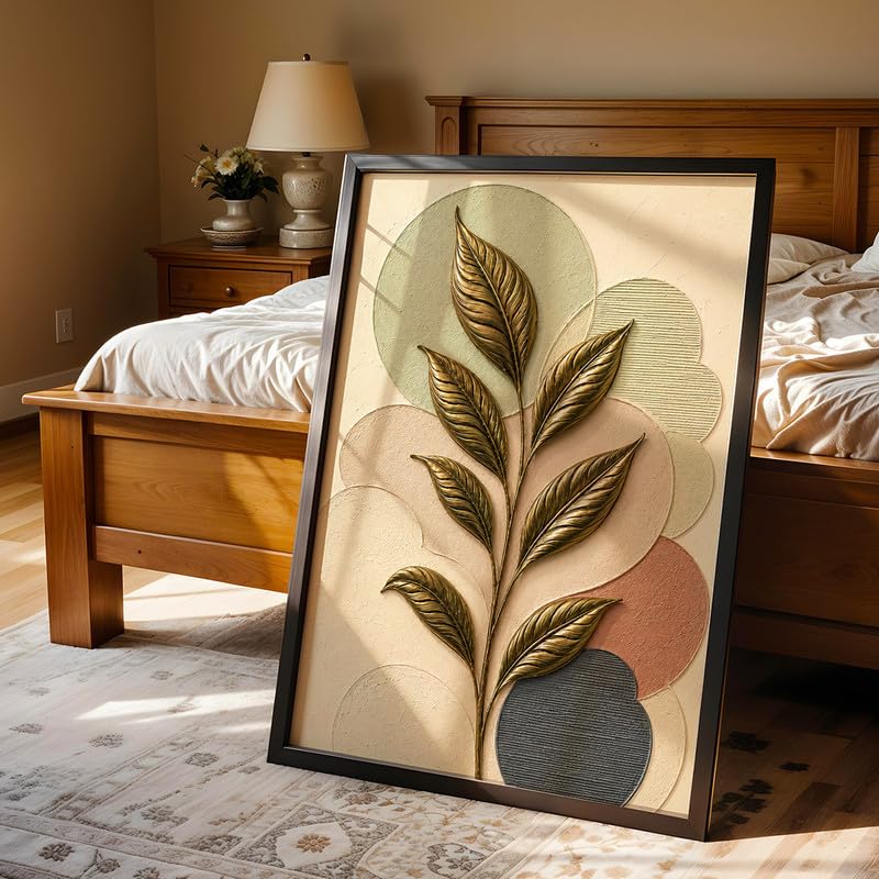 Image of NoWorries 3D Botanical Leaf Wall Painting with Frame Set of 1 | Premium Textured Gold Leaf Artwork, Modern Abstract Nature Wall Decor for Living Room, Bedroom, Office and Home Decoration (3d Art-11,17x25inch)