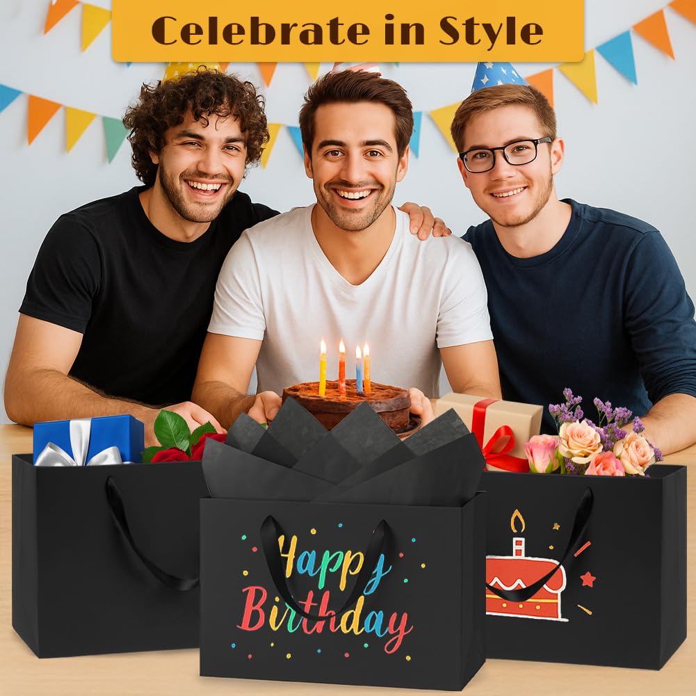 Shintop 3pcs Extra Large Black Gift Bags with Handles, 15.7 x 11.3 x 5.5 in Reusable Big Paper Present Bags with Tissue Paper for Men, Birthday, Business or Holiday Use