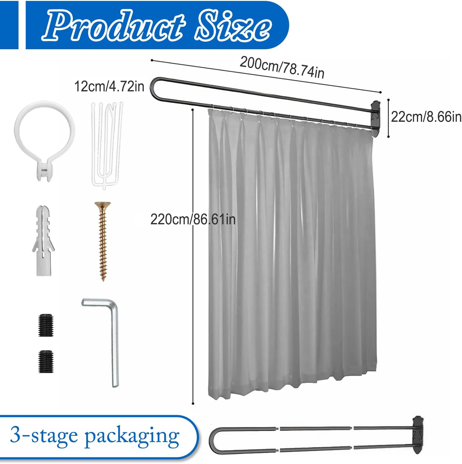 Privacy Partition Curtains, Wall Mounted Privacy Room Divider with Flat Hook U-Shape Hospital Curtains for Fitting Room Beauty Salon Bedroom Hospital(Grey,7.2ft)