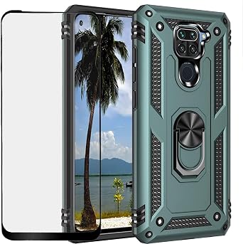 for Xiaomi Redmi Note 9 Case with Glass Screen Protector, Hybrid Heavy Duty Dual Layer Anti-Scratch Shockproof Defender Kickstand Armor Case Cover, Green
