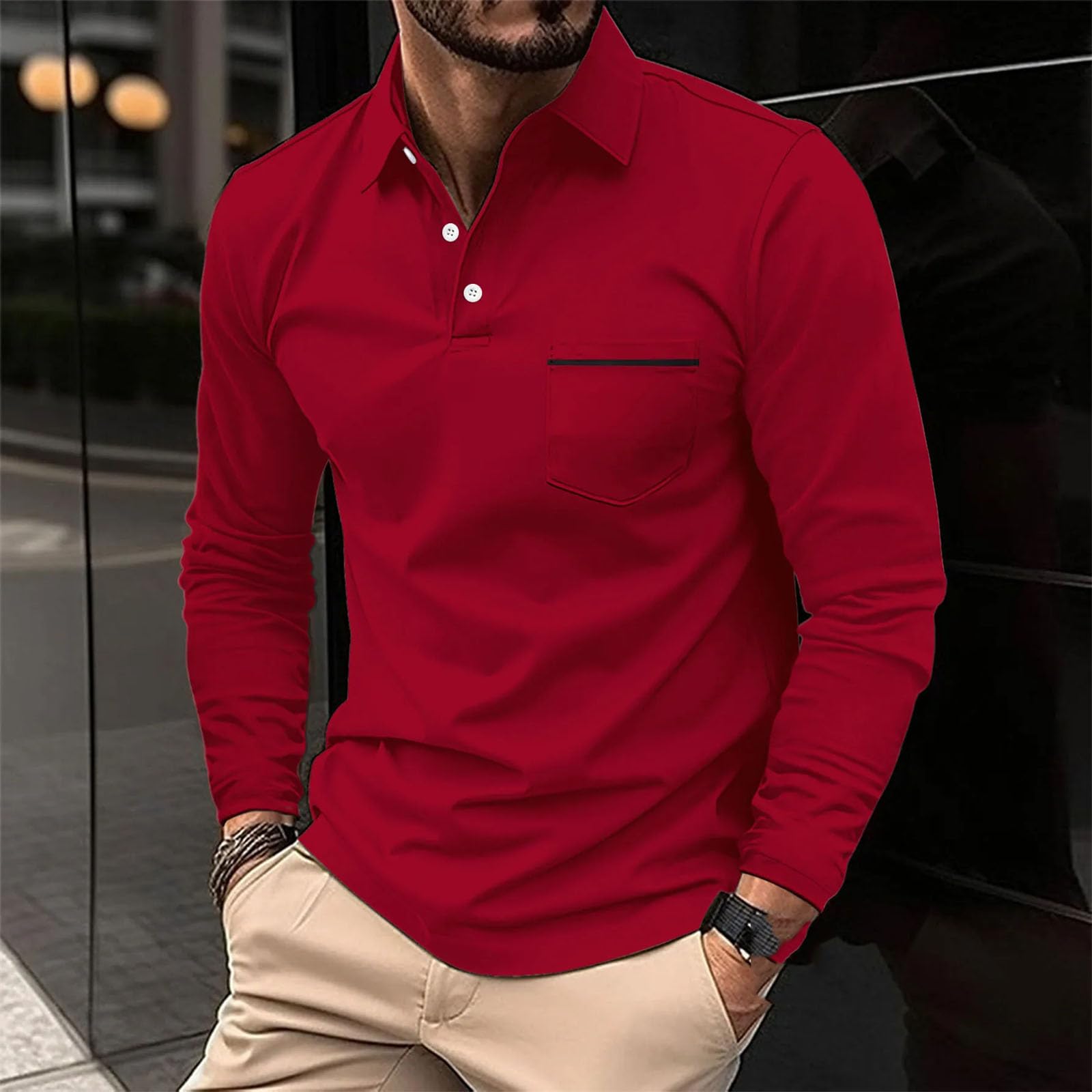 Polo da uomo a maniche lunghe, con tasca a bottone, manica lunga, traspirante, sportiva