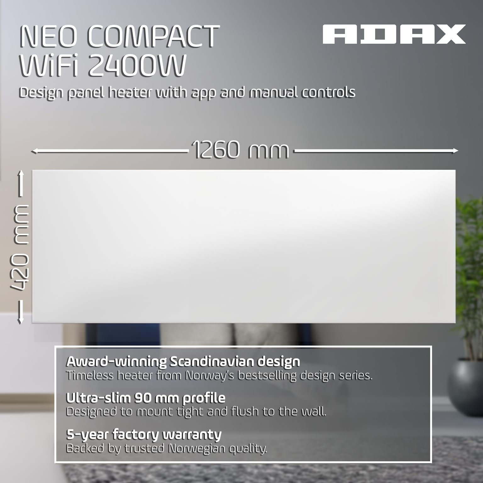 Adax Neo Compact – inteligentny grzejnik elektryczny Wifi – 2400 W, biały, ogrzewanie elektryczne do montażu na ścianie, konwektor ścienny, 420 mm, sterowanie smartfonem, termostat z wyświetlaczem LCD