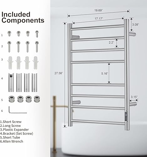 Miniatura 9 de Calentador de toallas con temporizador integrado ETW44-2S para baño, calentador de toallas de baño montado en la pared, calentador de toallas