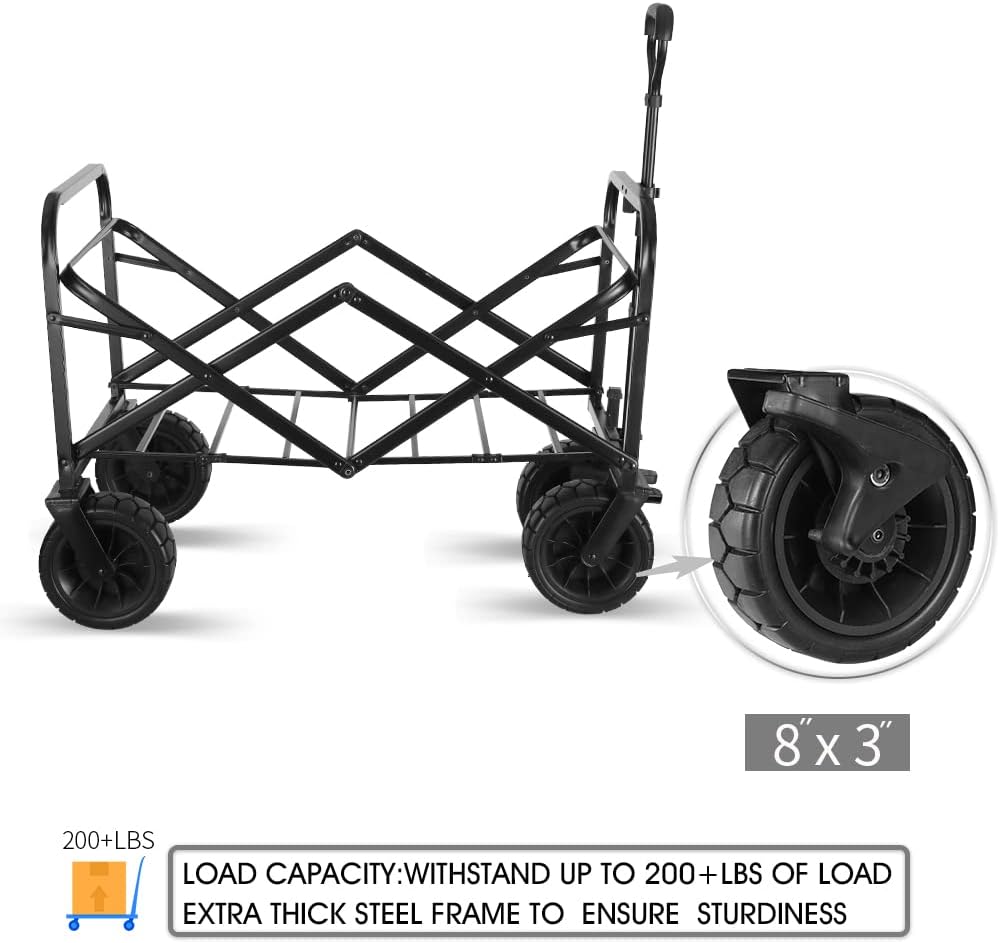WHITSUNDAY Collapsible Folding Garden Outdoor Park Utility Wagon Picnic Camping Cart with Bearing and Brake 8" All Terrain Wheels with Rear Storage (Beige)