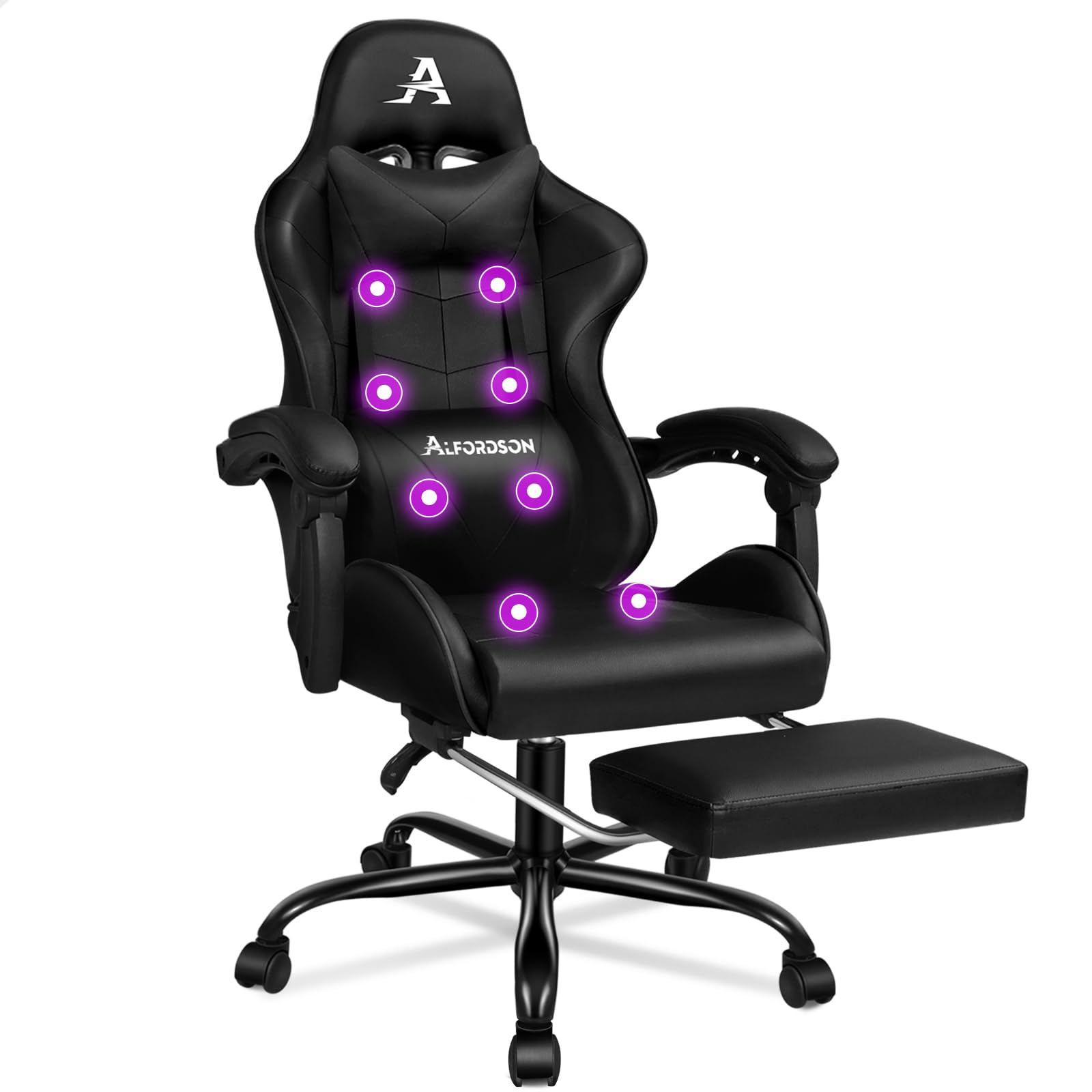 ALFORDSON Silla Gaming Profesional con Masajeador, Silla Ergonómica Gamer, Altura Regulable Silla con Apoyo Lumbar y Reposacabezas, Respaldo Inclinable hasta 150°, Giratoria de 360°, Cuero PU(Negra)