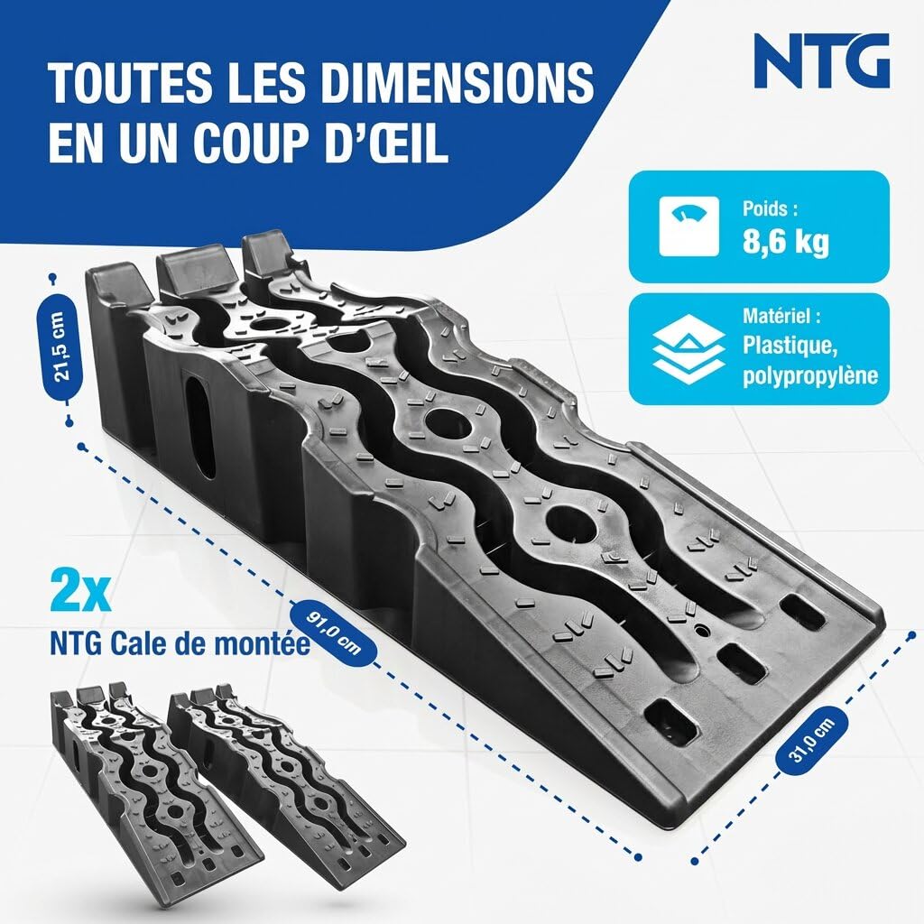 NTG Rampe de chargement pour voiture (lot de 2) jusqu'à 3000 kg, cales de chargement haute capacité en plastique antidérapantes + empilable - Convient à toutes les voitures