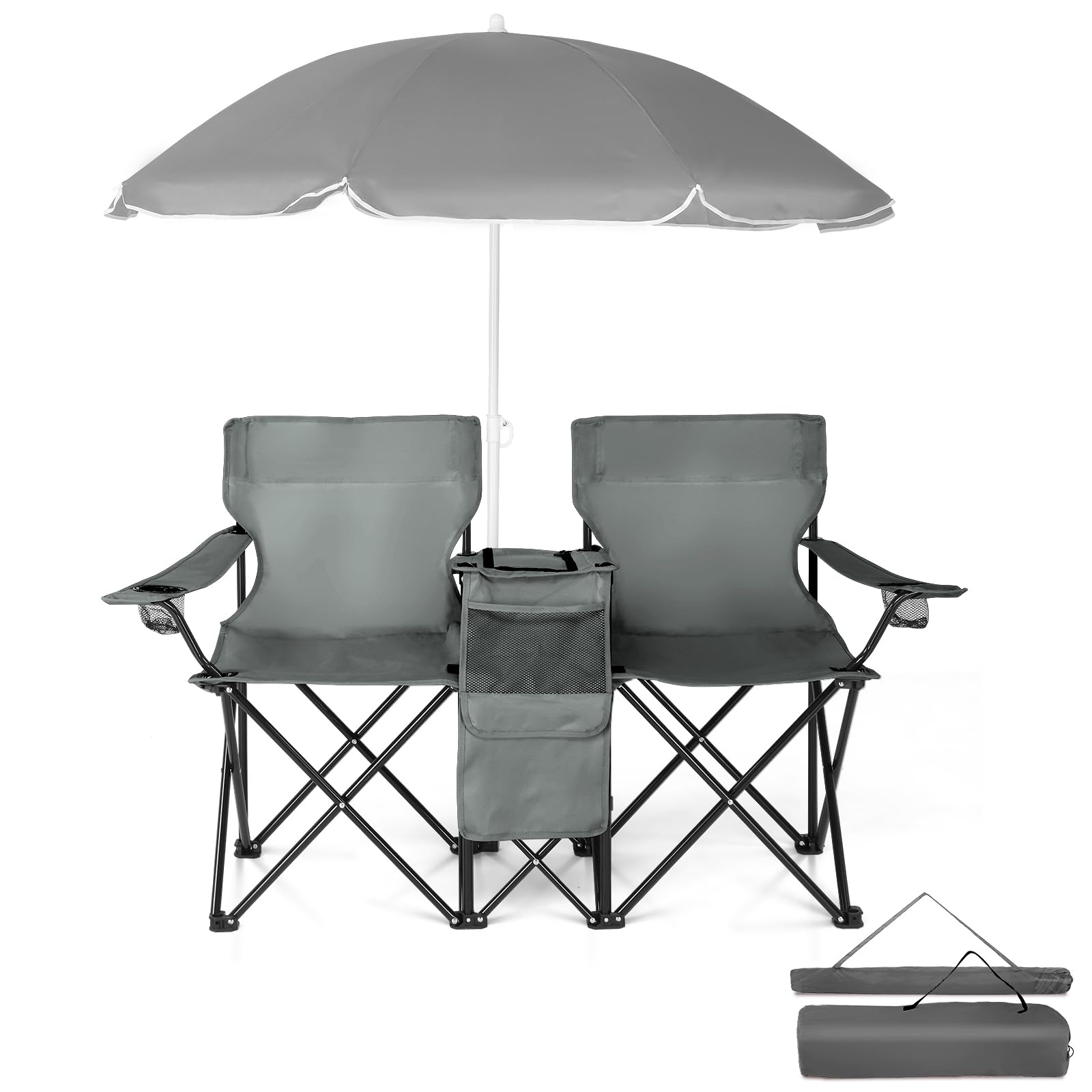 Ochine Double Camping Chair with Umbrella, Folding Loveseat Chairs with Canopy Shade, Table Beverage Holder and Storage Bag, Double Rocker Chair