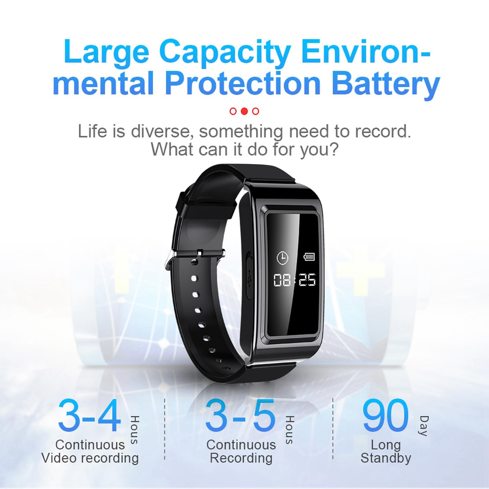 Bracelet pour Caméra Espion, Réduction du Bruit, Enregistreur Numérique activé par la Voix, Dispositif D'enregistrement du Son HD, Bracelet Enregistreur Vidéo Résistant à la (64G)