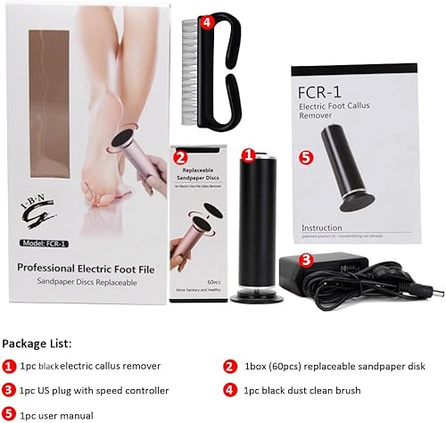 Miniatura 6 de Removedor eléctrico de callos (velocidad ajustable) con 60 discos de papel de lija, herramientas de pedicura profesional para lima de pies, lijadora