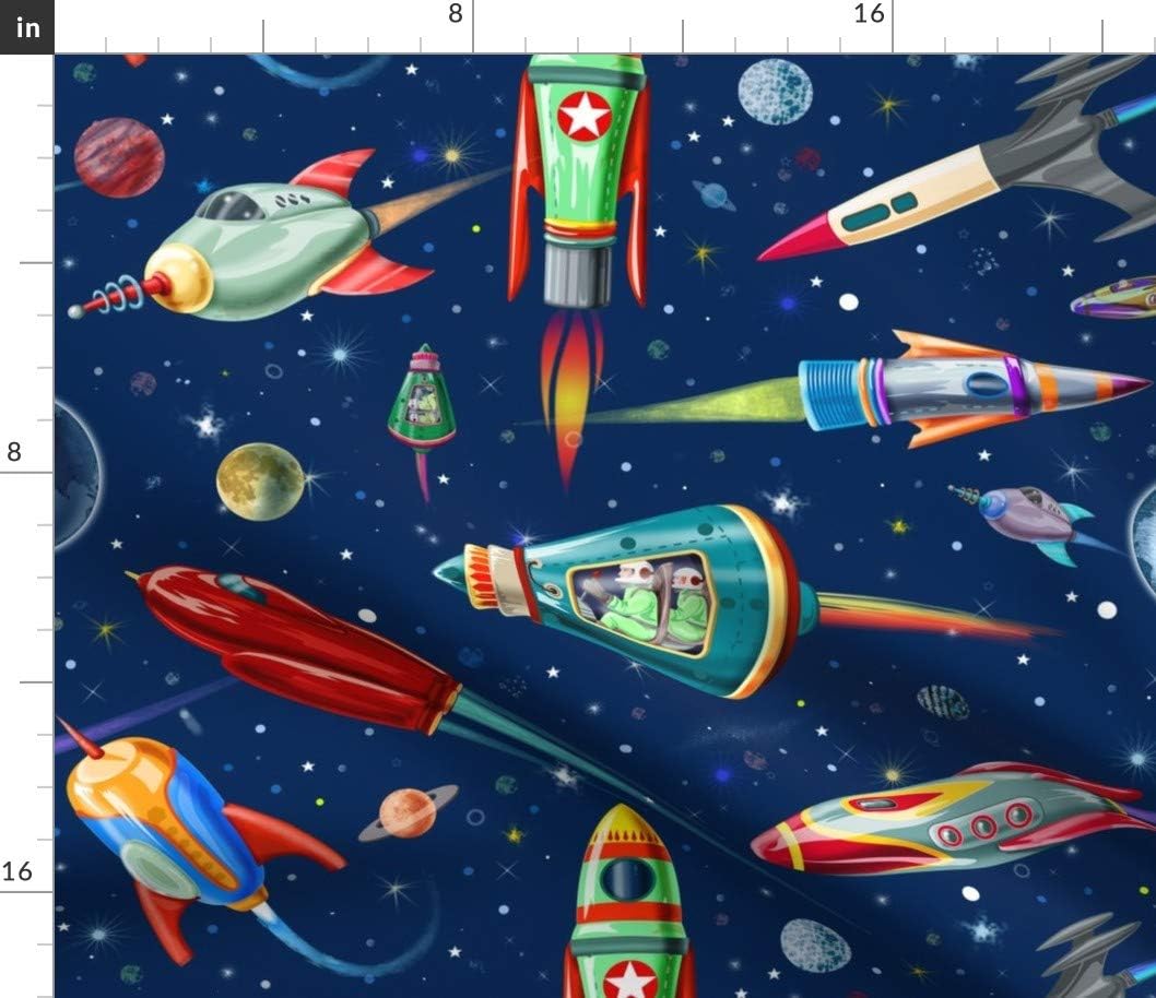 Spoonflower Fabric - Rocket Astronaut Spaceship Space Vintage Blue Stars Galaxy Nursery Printed on Petal Signature Cotton Fabric Fat Quarter - Sewing Quilting Apparel Crafts Decor