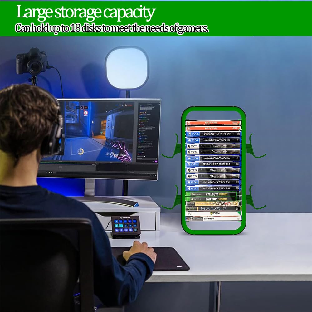Torre de Almacenamiento de Juegos para PS5/ Xbox Series S & X/Switch, Organizadores Universales de Discos de Videojuegos, Almacena 18 Juegos, con 4 Soportes de Controlador (Grün)