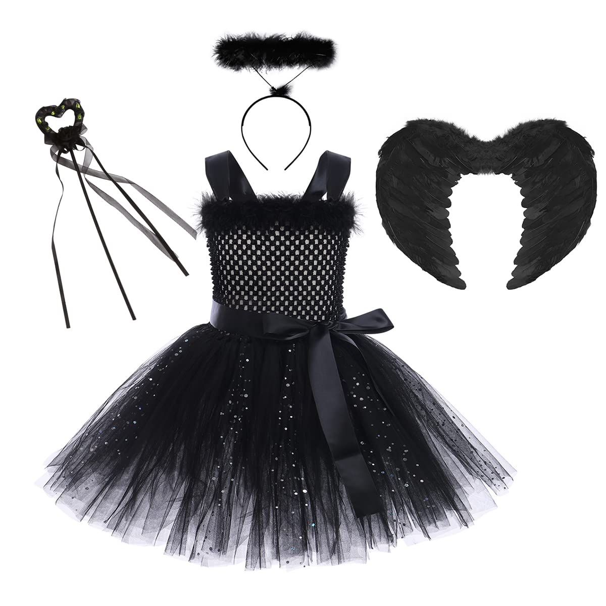IMEKIS Disfraz de ángel para niña, disfraz de Halloween, cosplay, disfraz de princesa, tutú hecho a mano, con cinta para la cabeza, alas de ángel, varita mágica, hada, cumpleaños, Navidad, carnaval,