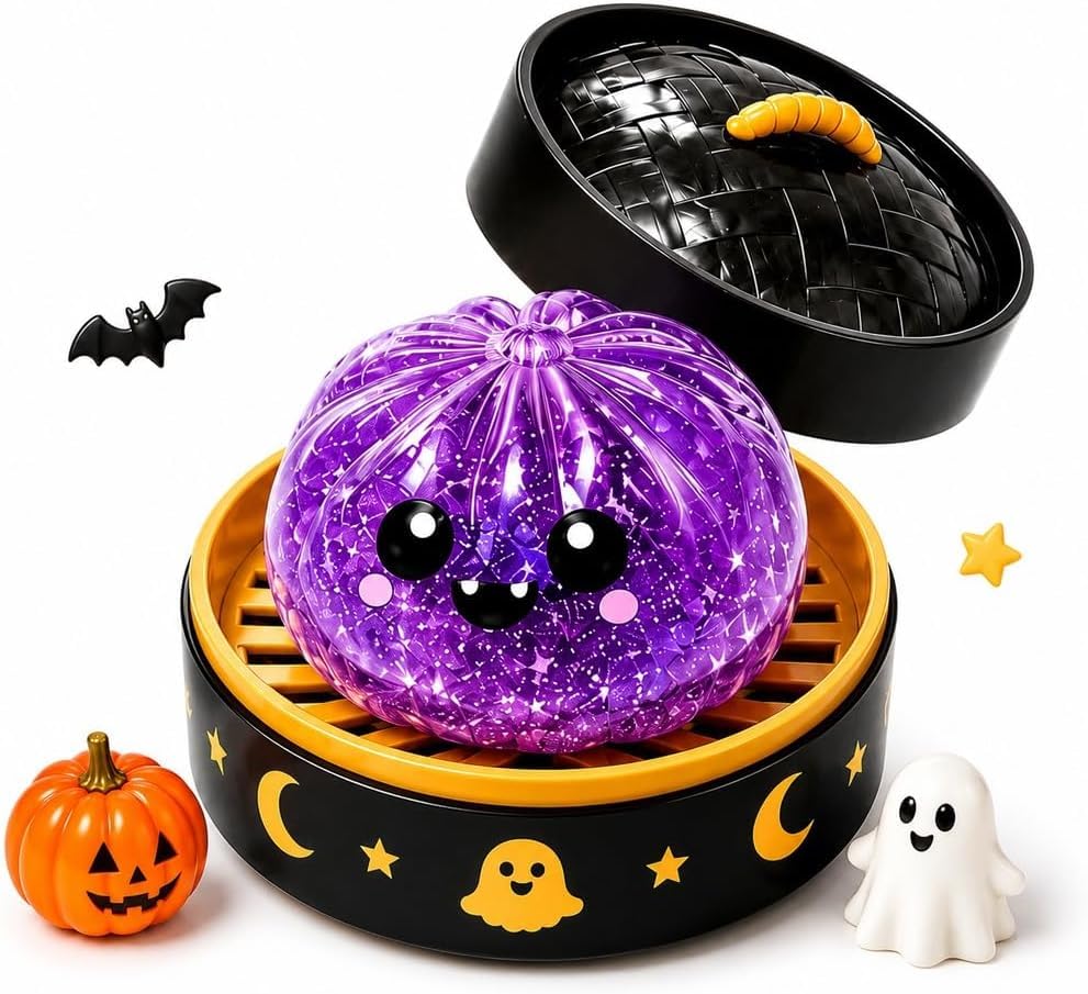 Halloween Steamed Bun Stress Toy with Steamer Basket Relief Fidget Surprise Gift for Adults Party Favours, Purple