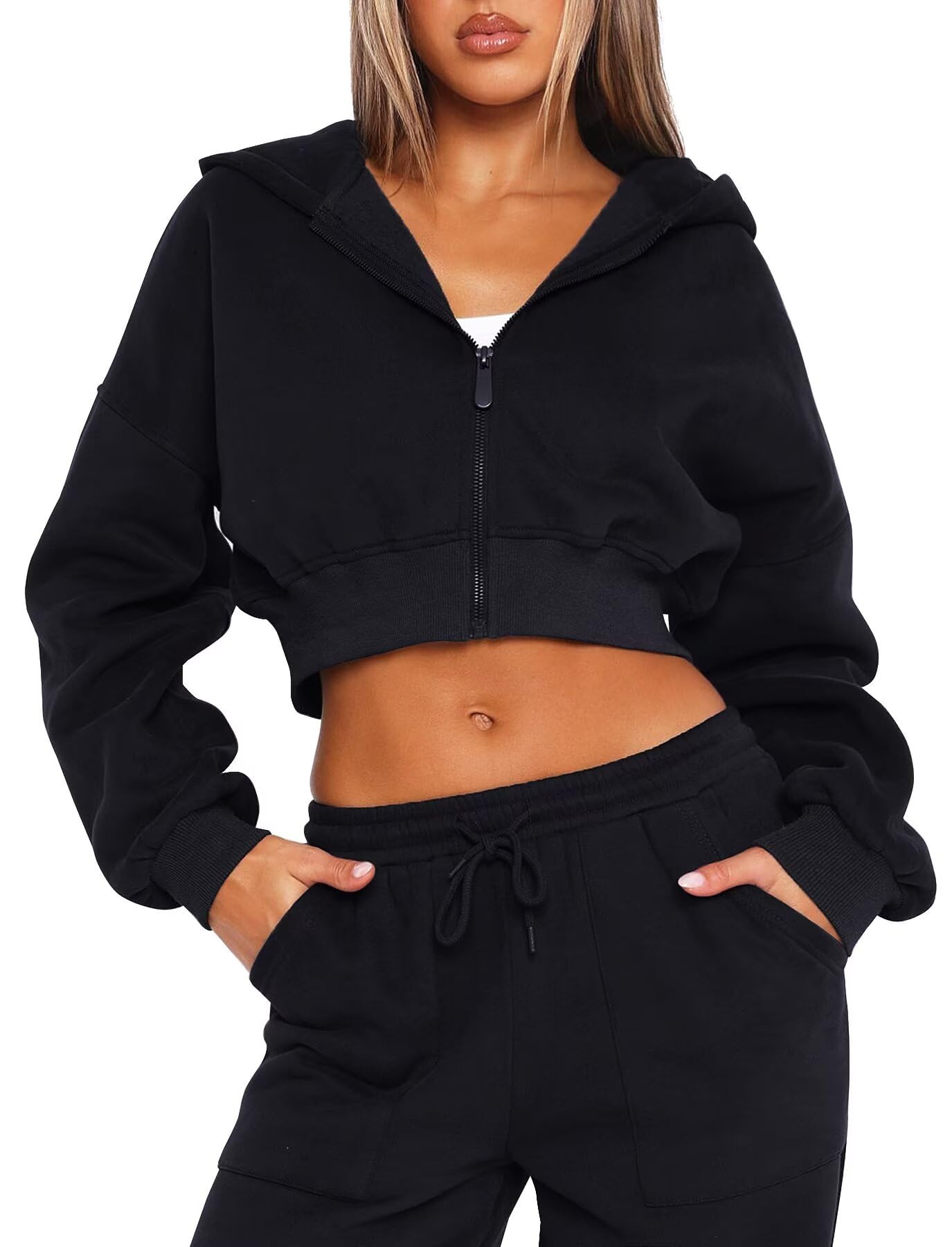 Photo 1 of **ZIPPER IS SILVER NOT BLACK**TZLDN Women Cropped Hoodie Zip Up Jacket Y2K Sweatshirt Crop Tops Lightweight Workout Casual Fashion Fall Outfits Black - Medium