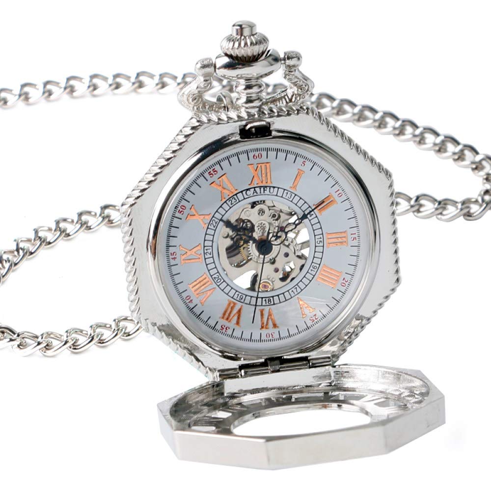Handwickelnde mechanische Taschenuhr Kette Mode Silber Oktagon Form Skelett Schnitzmänner Uhren