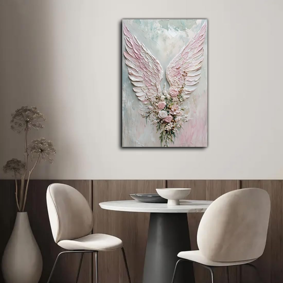 ROSE ONLY Framed Art of Angel Wings Picture - Modern Wall Art Canvas Prints, Pastel Flowers Oil Posters, Contemporary Aesthetics Artwork for Bedroom Decor, Ready to Hang for Home Bathroom Living Room (Wings-4, 24W" X 36L", Wrapped Canvas)