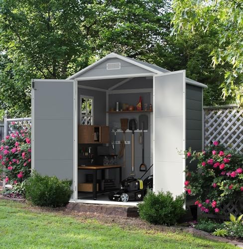 Image of Devoko 6 x 4 FT Plastic Outdoor Storage Shed with Floor, Resin Garden Shed with Window, Outside Waterproof Tool Shed with Lockable Door for Backyard, Patio, Poolside, Light Grey