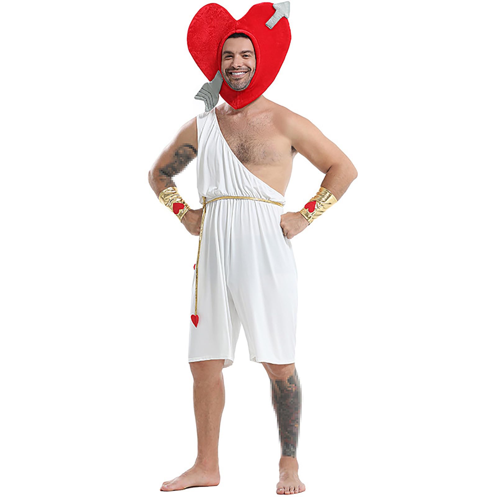 Faschingskostüme Herren Halloween Kostüm Für Männer Ein Schulter Overall Outfit Inklusive Rotem Herz Kopfschmuck Verkleidungsset Amor Mottoparty Karneval