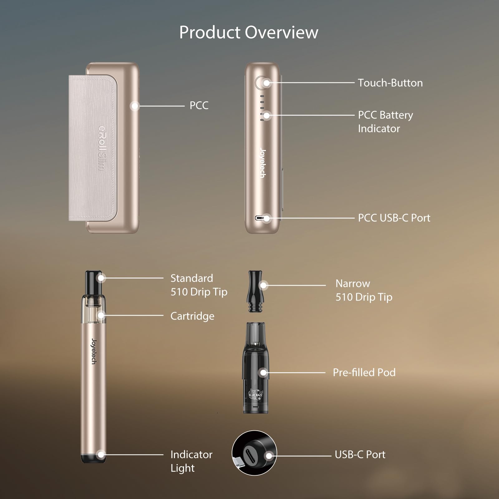 JOYETECH Eroll Slim Vape Kits 1500 mAh + 480 mAh großer Akku 2 ml wiederaufladbares USB-C Wechsel Pod System ohne Nikotin Blau