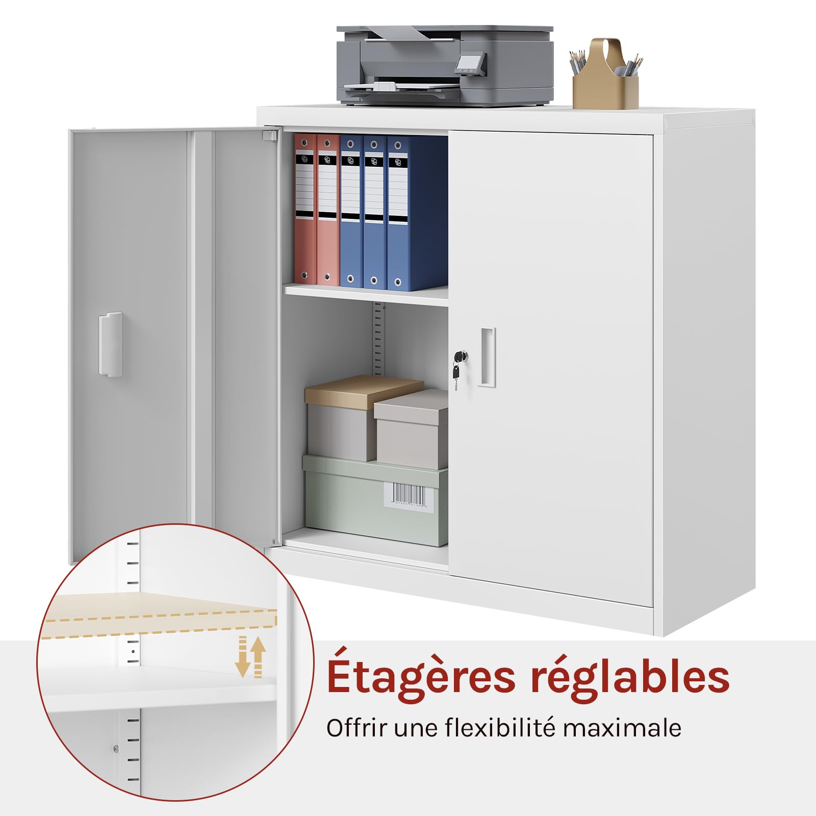 WOLTU Caisson Bureau, Armoire Bureau Métallique, Caisson de Rangement Verrouillable, avec Étagère Réglable, Meuble Rangement, Blanc