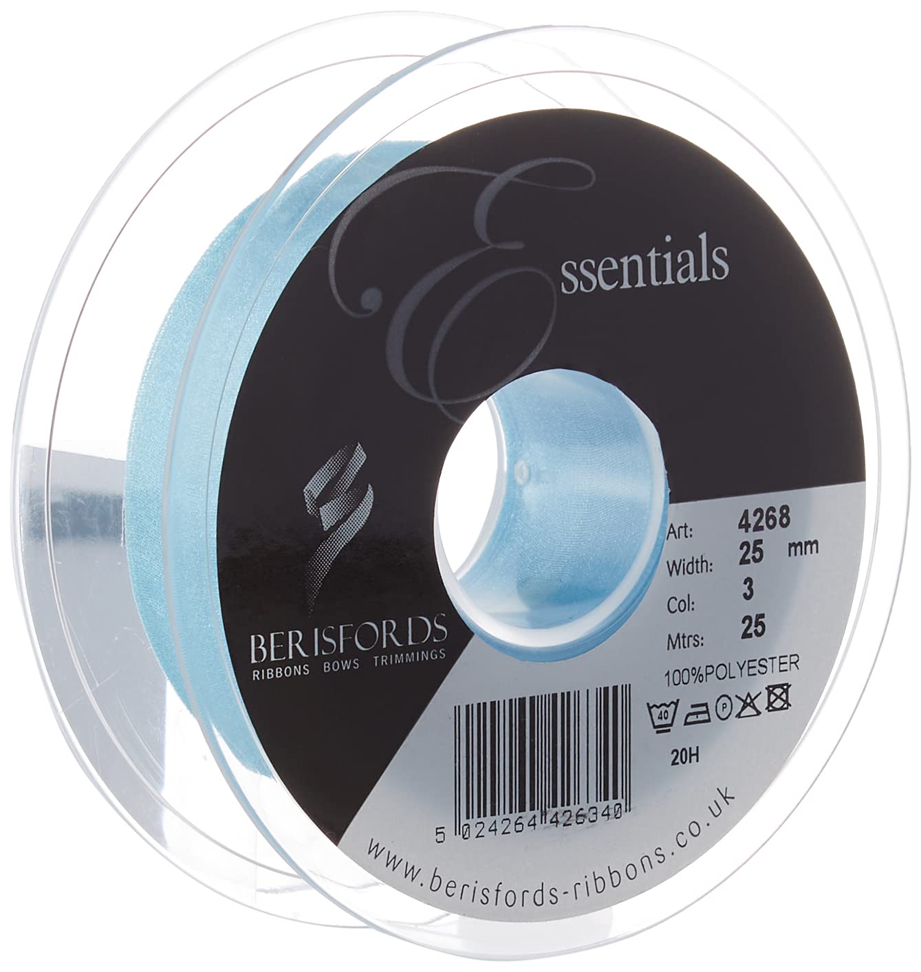 Berisfords Super Sheer Ribbon, Sky, 25 mm Width, 25 metre Length