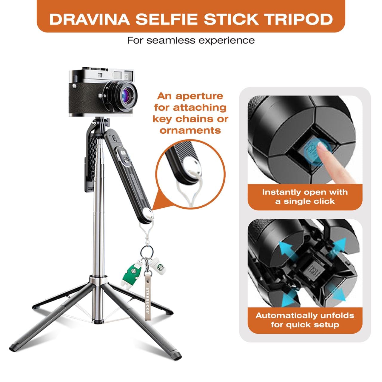 Dravina Selfie Stick with Rechargeable Remote. 180cm Tripod Stand with Stable 4 Leg Design, 360° Rotation, 270° Tilt, Balance Handle Tripod for iPhone, Camera, Gopro, Ring Light, Shooting 3
