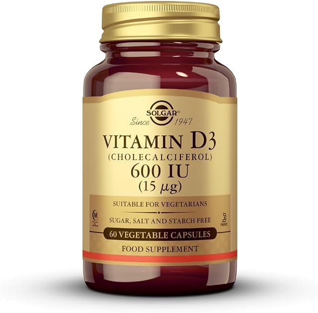 Solgar Vitamina D3 (Colecalciferol) 15 µg | 60 Cápsulas Vegetales | Mantiene huesos y dientes sanos · Ayuda a la función muscular