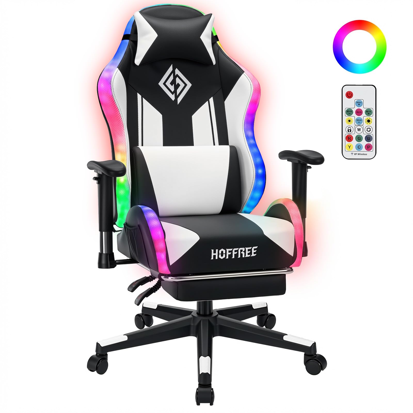 HOFFREE RGB Gaming Chair for Kids LED Computer Chair 155°Recliner-White | PC Game Chair with Lights Gamer Chair for Boys Teens 8-15 Video Game Chairs with Footrest and Lumbar Support Racing Style