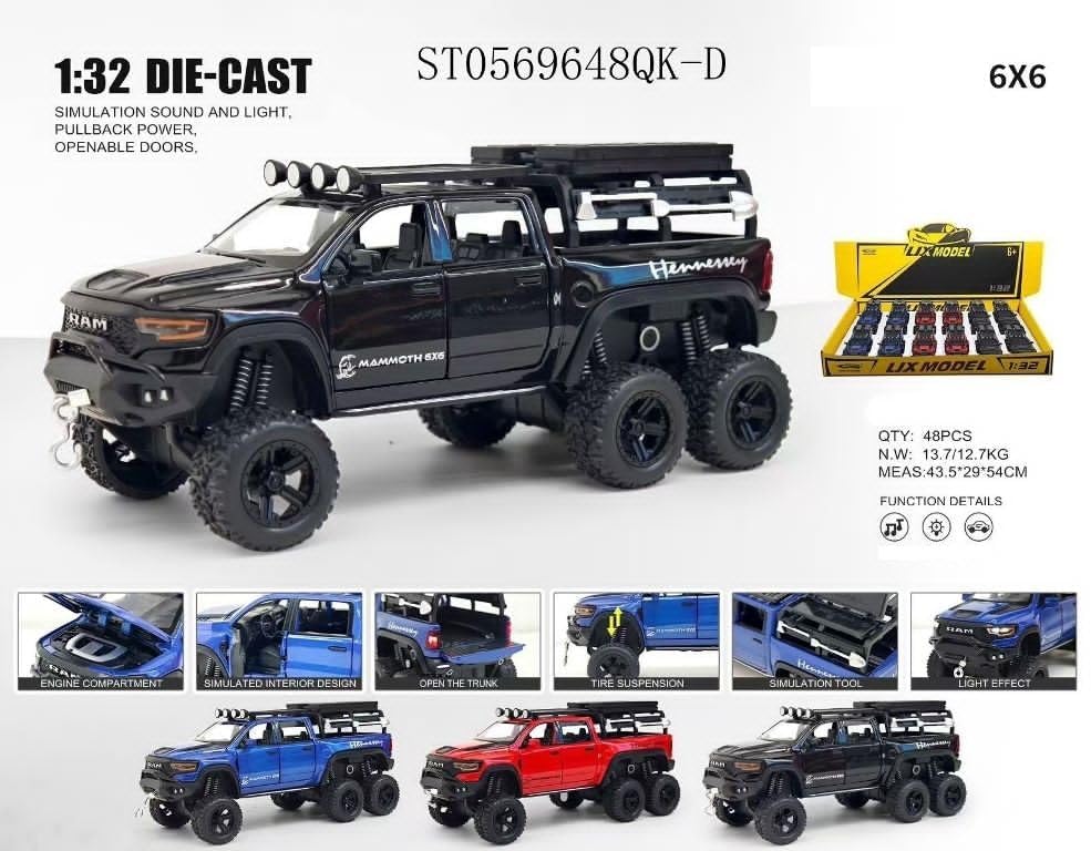 Image of 1:32 6x6 Scale Dodge Tyrannosaurus Rex RAM 1500 TRX Diecast Car Models Toys Metal Alloy 4 Openable Door and Sound & Light, Pull Back Toys Gifts for Boys Best Gift Car (Color As Per Stock)