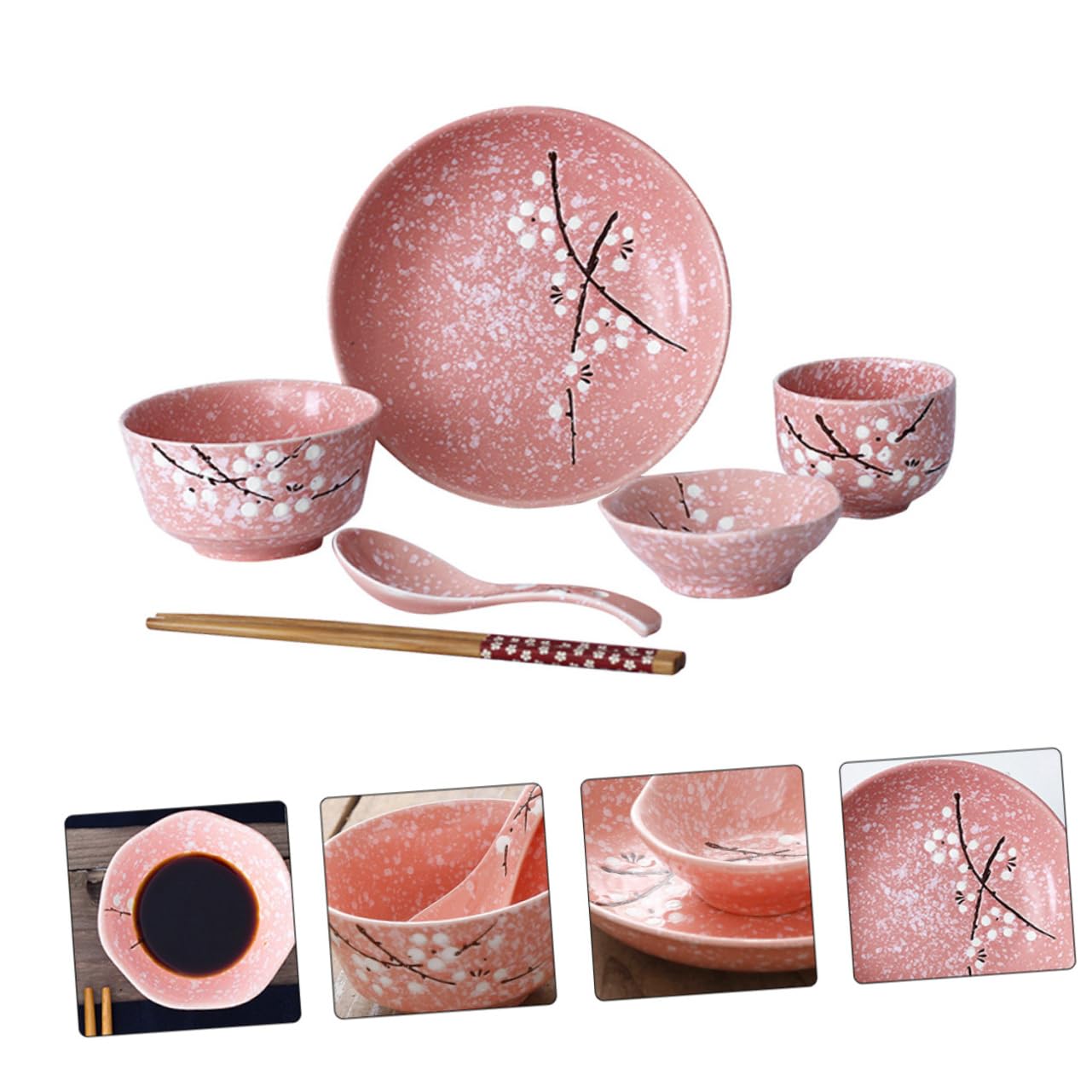 Amosfun Set Di Stoviglie Giapponese in Ceramica Rosa 12 Pezzi, Posate Per La Casa Ciotole, Piatti, Cucchiai e Bacchette, Per Feste, Ristoranti e Uso Quotidiano