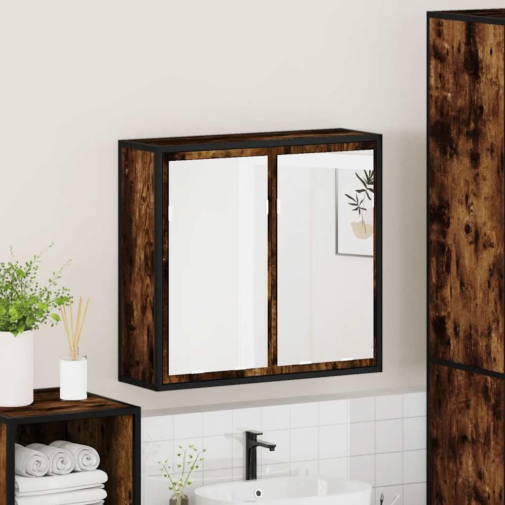 Bad-Spiegelschrank Räuchereiche Holzwerkstoff mit Metallgestell 65x20x60 cm Wandmontage Badezimmer Stauraum Schrank Spiegel für Makeup und Rasur langlebig stabil