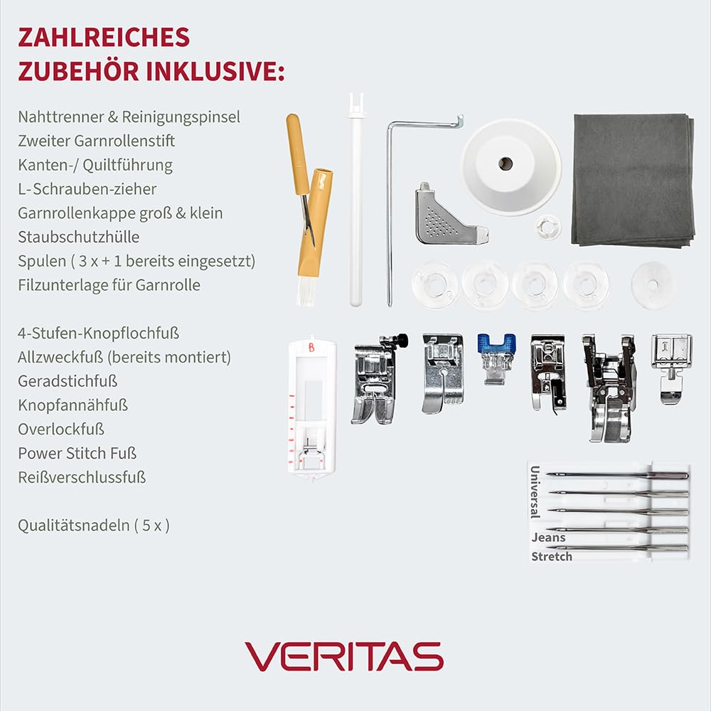 VERITAS Power Stitch Denim maszyna do szycia – stolik wysuwany XXL, pomoc w nawlekaniu, nożny, do 1000 ściegów/min, regulowany nacisk stopki, wolne ramię – do dżinsów, skóry i delikatnych