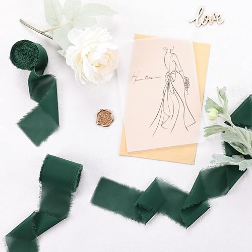 Miniatura 2 de Socomi Cinta de seda de gasa con flecos hechos a mano verde oscuro, 1-34 pulgadas x 7 yardas, 4 rollos de cintas deshilachadas para invitaciones de