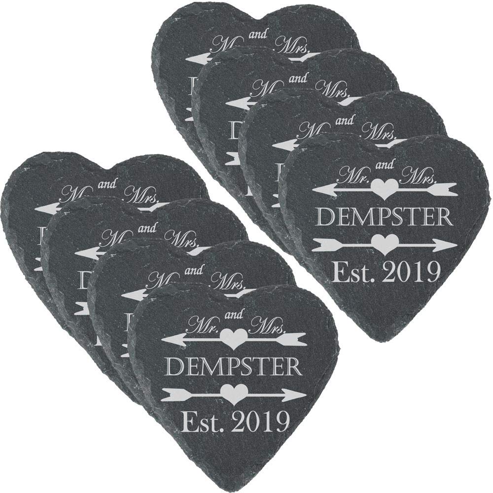 Personalised Engraved Heart Slate Wedding Coaster Mr&Mrs with Hearts and Arrows Set of 8
