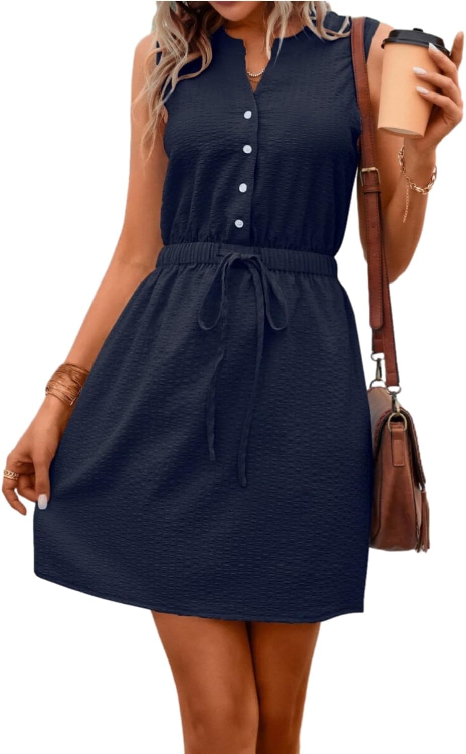 Women's Summer Dress Tie Waist Casual Dress Button Up Sleeveless A Line Flared Dress Drawstring Navy Medium