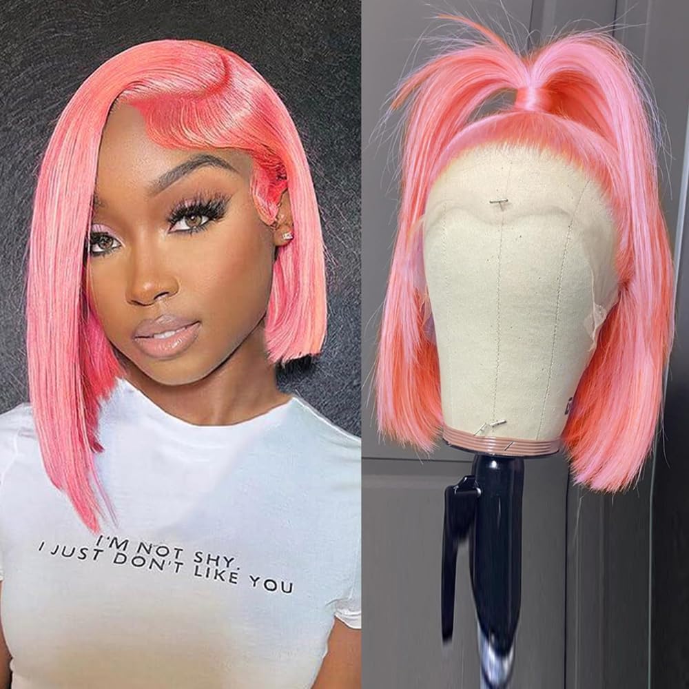 Pink Bob Wigs Human Hair 13X4 Straight HD Transparent Pink Bob Lace Front Wigs Wear and Go Glueless Wig Human Hair Pre Plucked with Baby Hair 14 Inch