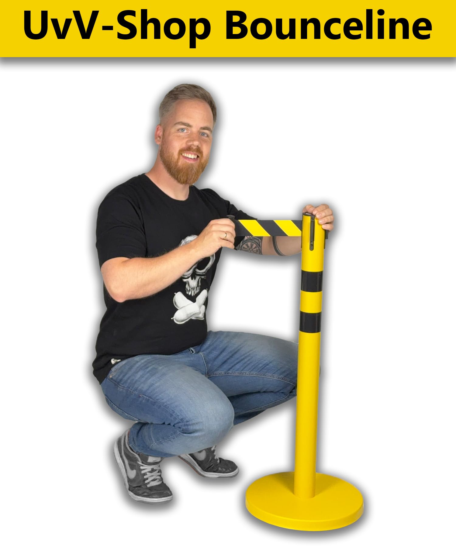 UvV BounceLine Personenleitsystem, Absperrpfosten, Edelstahl gelb beschichtet, 2 Pfosten 90 cm Hoch je 3 m Gewebeband (Stahl 8 kg (Heavy), gelb schwarz/gelb)