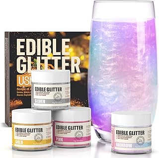 Edible Glitter for Cocktails,Gold/Silver/Rainbow/Pink Luster Dust,4 Colors Food Grade Cake Decorating Sprinkles Glitter for Drinks,Cake, Cookies, Dessert, Vegan(4g/bottle)
