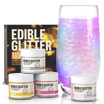 Edible Glitter for Cocktails,Gold/Silver/Rainbow/Pink Luster Dust,4 Colors Food Grade Cake Decorating Sprinkles Glitter for Drinks,Cake, Cookies, Dessert, Vegan4g/bottle