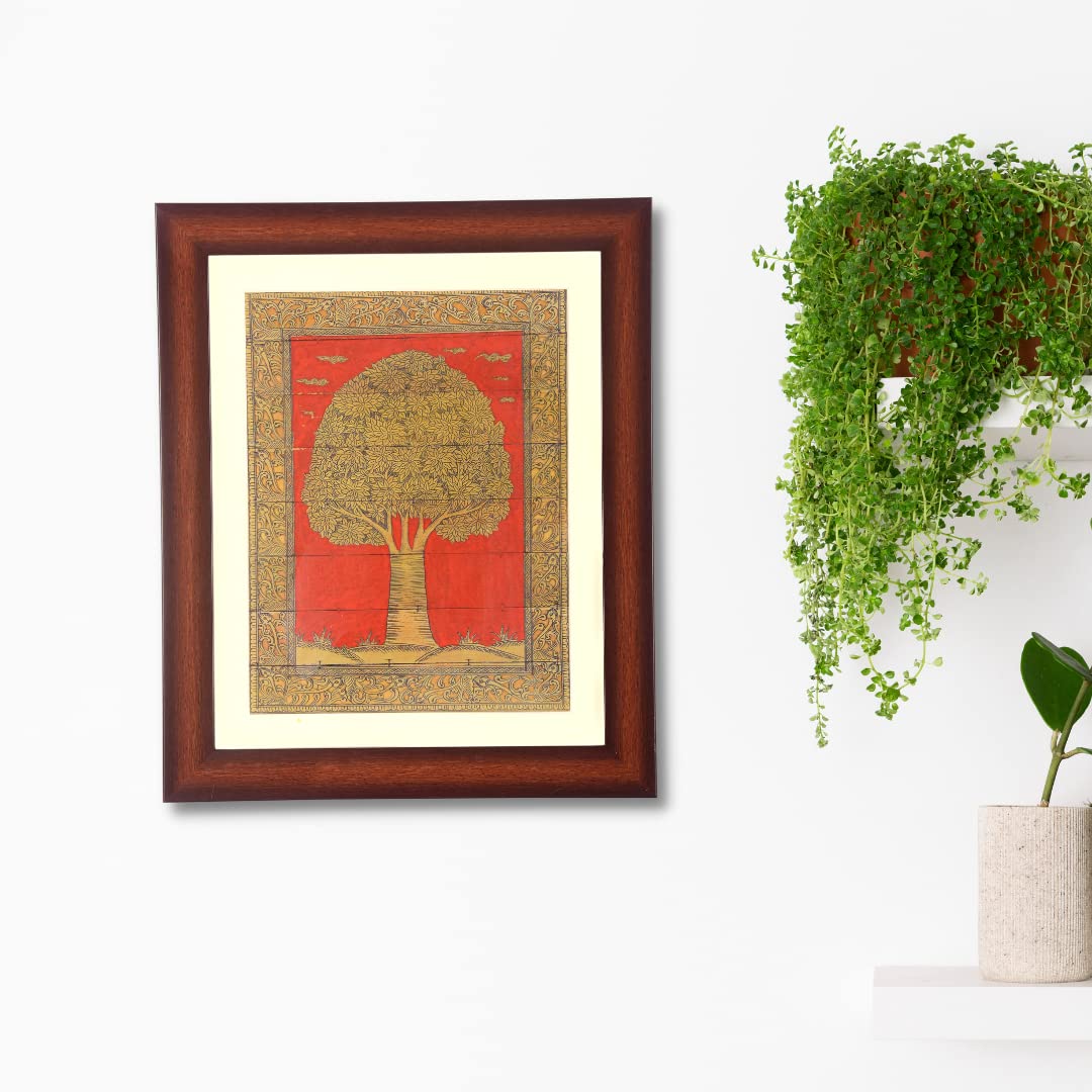 Bhumee Creations Orange Tree of Life Palm Leaf Picture Frame| Handcrafted Artwork