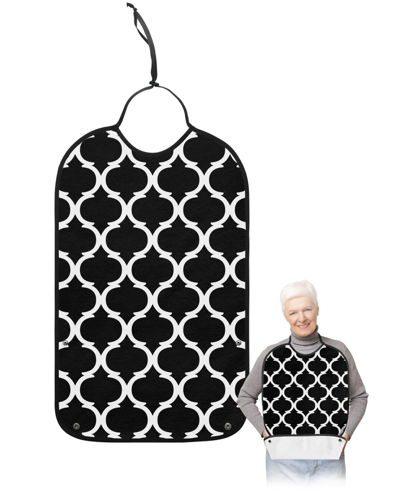 Black Morocco Pattern Adult Bibs for Eating, Waterproof Bibs with Food Catcher & Adjustable Snap Closure, White Moroccan Geometric Art Washable Clothing Protectors Adult Bibs for Elderly Women/Men