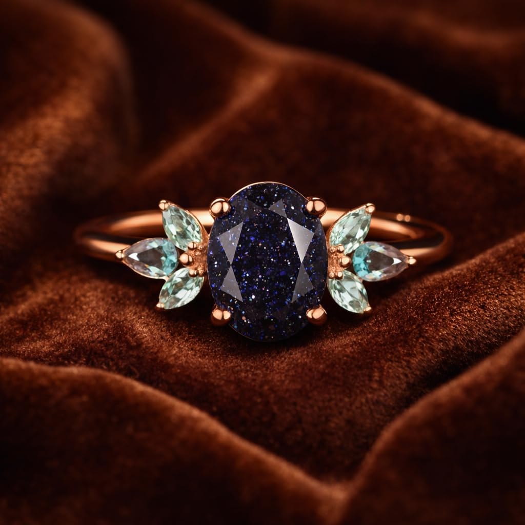 14K Rose Gold Oval Blue Sandstone Engagement Ring Floral Cluster Leaf Ring with Aquamarine Marquise Side Stones Vintage Inspired Promise Unique Alternative Bridal Jewelry Gift for Her