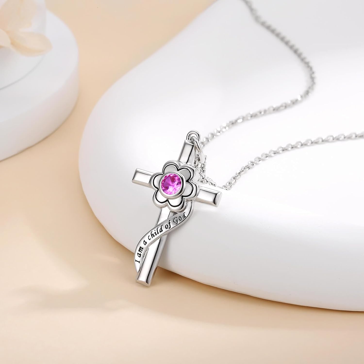 I am a Child of God Necklace - 925 Sterling Silver Birthstone Flower Cross Pendant Religious Jewelry Baptism First Communion Confirmation Gifts for Girls