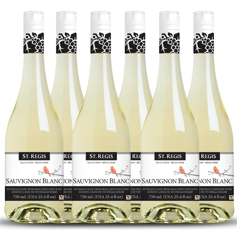 Image of ST. REGIS Non-Alcoholic Sauvignon Blanc - Low Calorie, Low Sugar - Crisp and Refreshing Tropical Fruity Rich Flavor from Germany Vineyards - 25.4 Fl Oz / 750ml (6 Pack)