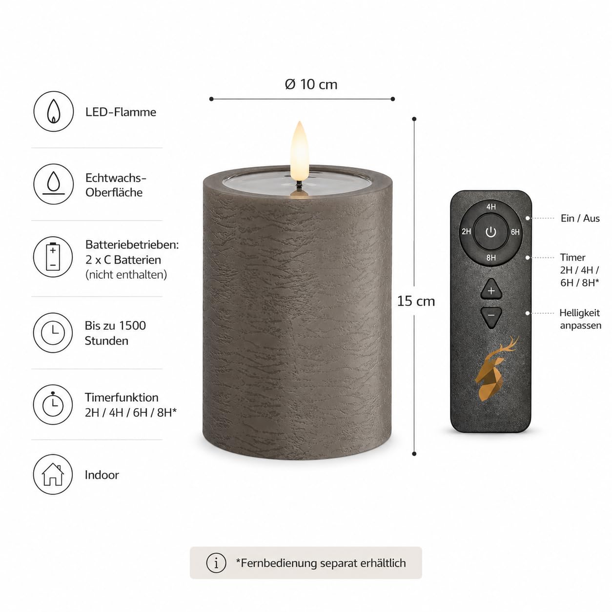 ReWu Deluxe Homeart Unikalna świeca LED, do użytku wewnątrz pomieszczeń, z realistycznym płomieniem, na lustrze z prawdziwego wosku, ręcznie wykonana, mokka, 10 x 15 cm