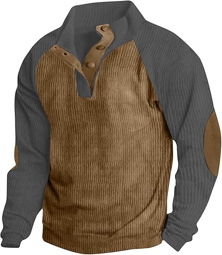 Hombre Patchwork Jersey Manga Larga Sudadera Cuello Alto Botón Blusa Sudaderas Otoño Invierno Ropa Deportiva
