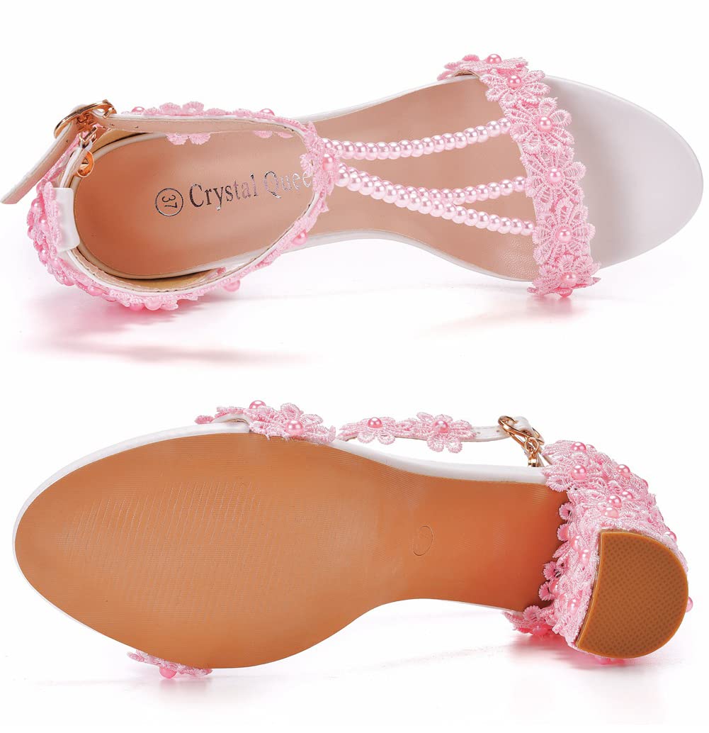 Donne Sandali con Tacco, Sexy Perline Ricamate da 7 cm Sandalo quadrate Sandalo Estate Scarpe da Sposa Scarpe Elementi,Rosa,41 EU