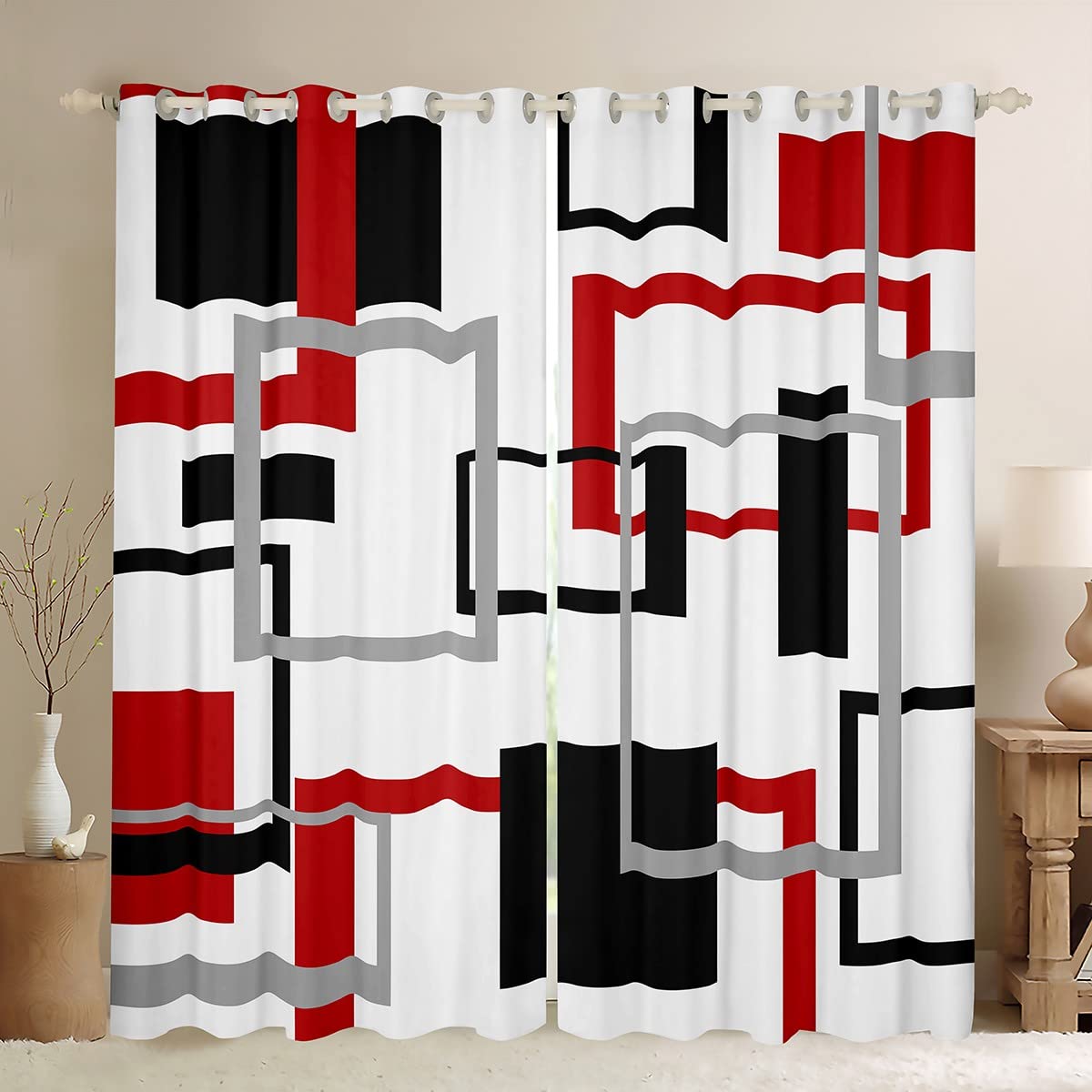 Homewish Geometrie Quadratische Vorhänge Weiß Schwarz Rot Grau Streifen Verdunkelungsvorhänge Geometrische Gitter Karierte Gardinen Kinder Jungen Mädchen Moderne Kreative Kunst Fenstervorhänge,137x117